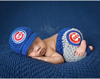 Newborn Chicago Cubs Cubbies Outfit Uniform Set, Hat Cap Pants, Knitted Crochet, Baby Gift, Photo Prop, Baseball, Handmade