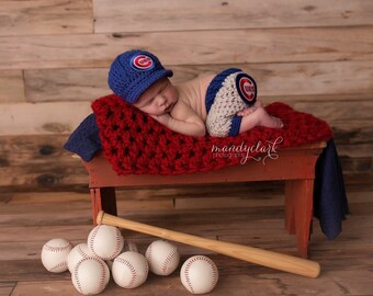 Newborn Chicago Cubs Cubbies Outfit Uniform Set, Hat Cap Pants, Knit Crochet, Baby Gift, Photo Prop Photo Shoot, Baseball