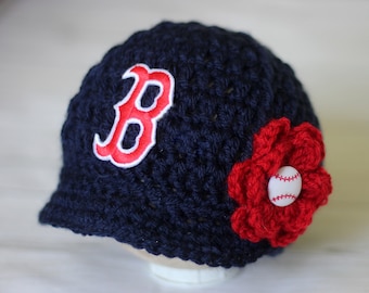 Baby Boston Red Sox Hat Cap Outfit Hand Knit Knitted Crochet Baby Girl Gift Newborn Infant Photo Photography Prop Baseball Flower