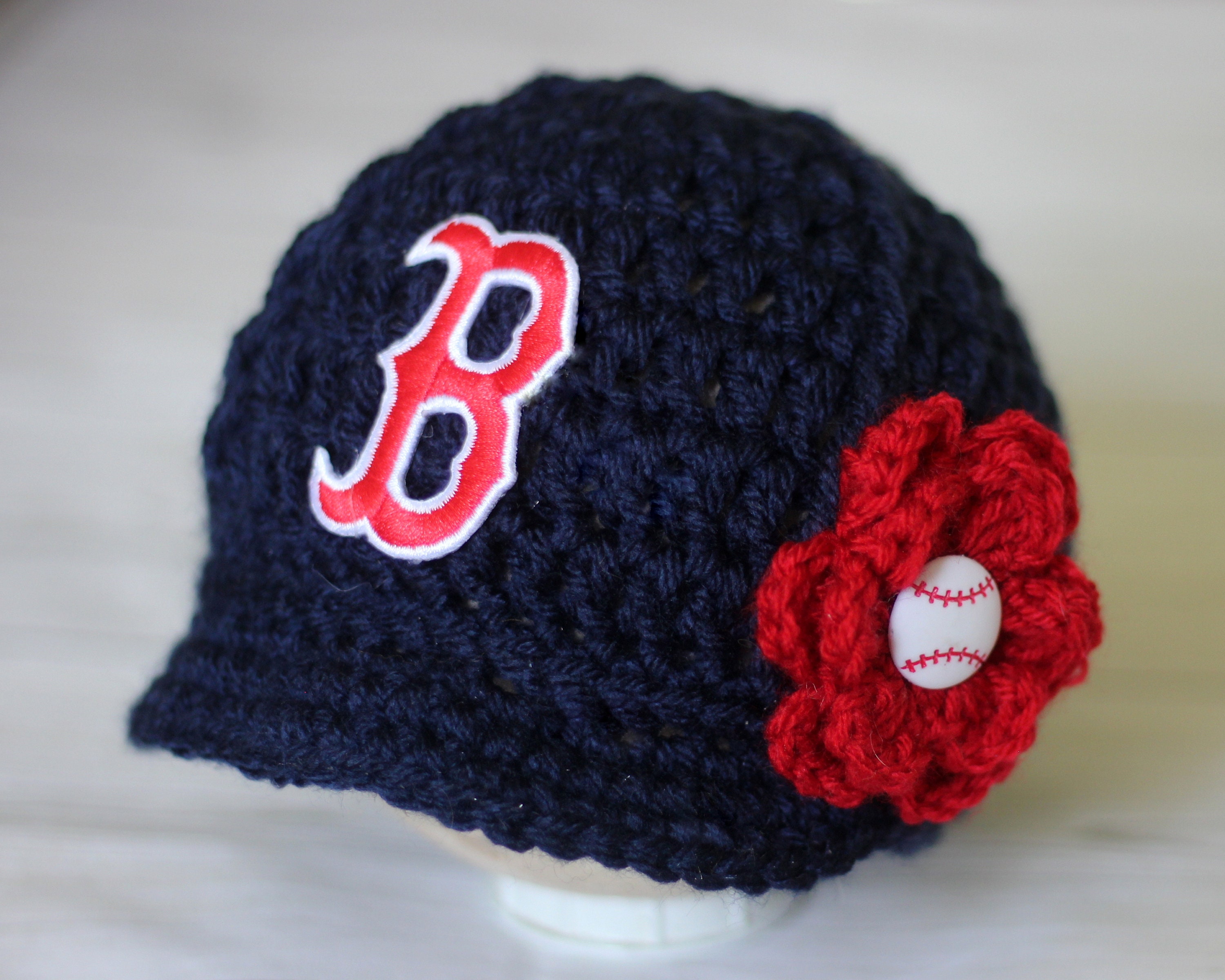 GoldenGirlzHandmade Baby Boston Red Sox Hat Cap Outfit Hand Knit Knitted Crochet Baby Girl Gift Newborn Infant Photo Photography Prop Baseball Flower