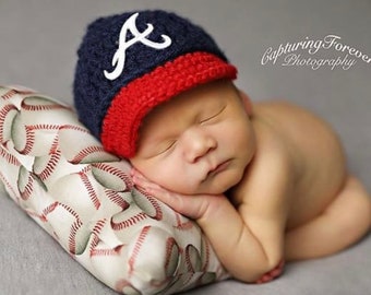 Baby Atlanta Braves Hat Cap Hand Knit Knitted Crochet Baby Gift Newborn Photo Photography Prop Baseball Handmade Infant - Hat Only
