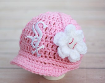 Baby Girl Pink Chicago White Sox Hat Cap Outfit Hand Knit Knitted Crochet Baby Gift Newborn Photo Photography Prop Baseball Handmade
