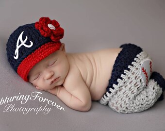 Newborn Atlanta Braves Outfit Uniform Set Hat Cap Pants Boy or Girl, Knitted Crochet, Baby Gift Photo Photography Prop, Baseball