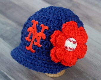 Baby Girl New York Mets Cap Hat Outfit Hand Knit Knitted Crochet Baby Gift Newborn Photo Photography Prop Baseball Handmade Flower