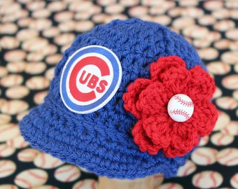 Baby Chicago Cubs Girl Cap Hat Outfit Hand Knit Knitted Crochet Baby Gift Newborn Photo Shoot Photo Photography Prop Baseball Flower