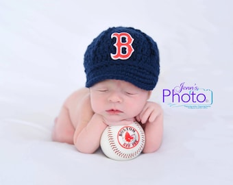 Boston Red Sox Baseball Cap Hat Baby Knit Knitted Crochet Gift Newborn Infant Photo Photography Prop Handmade - Quick Shipping