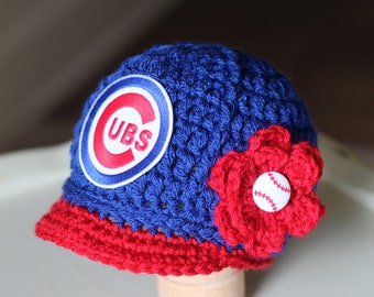 Baby Chicago Cubs Cap Hat Outfit Knitted Knit Crochet Baby Girl Gift Newborn Photo Shoot Photography Prop Baseball Infant Handmade