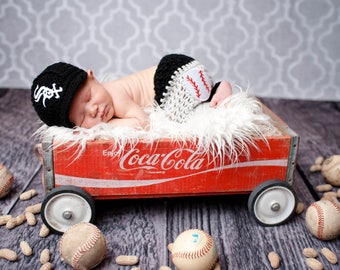 Baby Chicago White Sox Outfit Uniform Set - Hat, Pants - Knitted / Crochet - Baby Gift / Photo Prop - Baseball - Newborn Size Only, Handmade