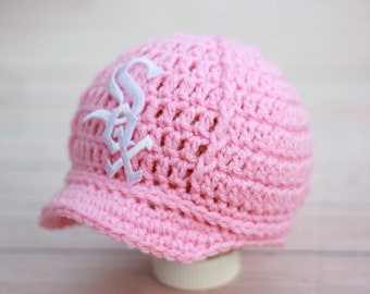 Baby Girl Pink Chicago White Sox Hat Cap Outfit Hand Knit Knitted Crochet Baby Gift Newborn Photo Photography Prop Baseball Handmade