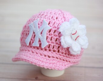 Baby Girl New York Yankees Cap with Flower Hat Outfit Hand Knit Knitted Crochet Baby Gift Newborn Photo Photography Prop Baseball Handmade