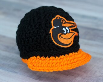 Baby Baltimore Orioles Hat Cap Hand Knit Crochet Quick Shipping Baby Gift Infant Newborn Photo Photography Prop Photo Shoot Baseball