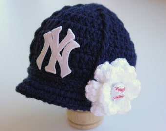 Baby Girl NY Yankees Hat Cap Outfit Hand Knit Knitted Crochet Baby Girl Gift Newborn Photo Photography Prop Baseball Handmade Beanie