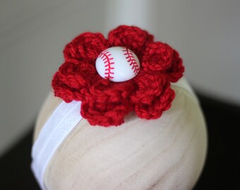 Baseball Headband, Baby Girl, Newborn to Adult, Red Crochet Flower, Photo Photography Prop, Baby Gift, Infant, Handmade