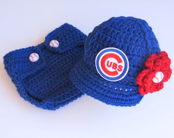 Newborn Baby Chicago Cubs Outfit Set, Hat Cap, Diaper Cover, Knit Knitted Crochet, Baby Gift, Photo Prop, Photo Shoot, Baseball