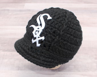 Baby Chicago White Sox Hat Cap Hand Knitted Knit Crochet Baby Gift Newborn Infant Photo Photography Prop Photo Shoot Baseball Boy Girl