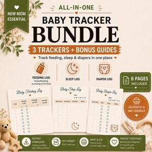 Puede incluir: Paquete de seguimiento del bebé con registros de alimentación, sueño y pañales. Incluye guías adicionales. Presenta una combinación de colores marrón y blanco con ilustraciones de un biberón, una luna y un pañal.