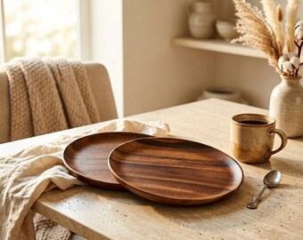 Set of 2 Acacia Wood Round Dinner Plates and Serving Trays