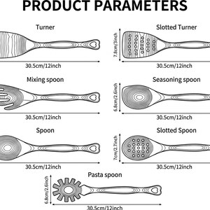Puede incluir: Un diagrama de utensilios de cocina de madera, incluyendo una esp&aacute;tula, una esp&aacute;tula ranurada, una cuchara para mezclar, una cuchara para sazonar, una cuchara, una cuchara ranurada y una cuchara para pasta. Cada utensilio mide aproximadamente 30,5 cm.