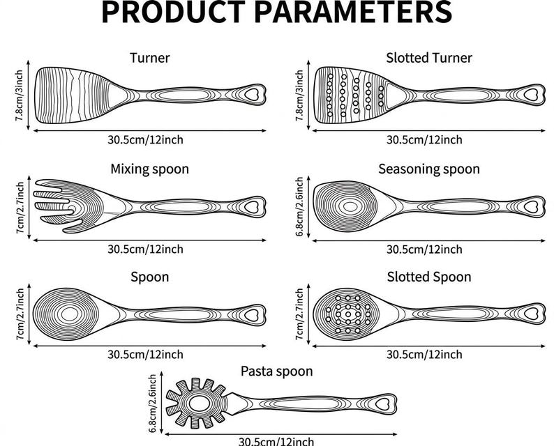 Puede incluir: Un diagrama de utensilios de cocina de madera, incluyendo una esp&aacute;tula, una esp&aacute;tula ranurada, una cuchara para mezclar, una cuchara para sazonar, una cuchara, una cuchara ranurada y una cuchara para pasta. Cada utensilio mide aproximadamente 30,5 cm.