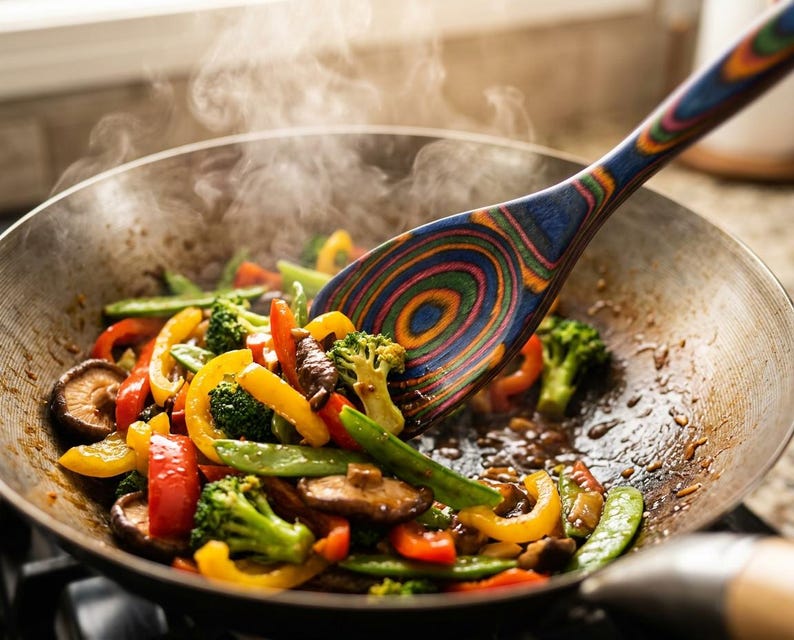 Puede incluir: Un wok lleno de coloridas verduras salteadas, que incluyen pimientos rojos y amarillos, br&oacute;coli y guisantes. Una cuchara de madera con un dise&ntilde;o vibrante de c&iacute;rculos conc&eacute;ntricos revuelve la comida, con vapor saliendo de la sart&eacute;n.