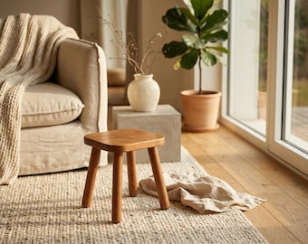 Round Solid Wood Step Stool - Multi-Purpose Walnut Finish Display Stand,11.7inch