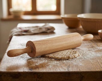 Rodillo clásico de madera de haya con mangos giratorios ergonómicos.