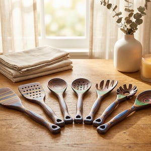 Puede incluir: Un conjunto de siete utensilios de cocina de madera con patrones de rayas coloridas. El juego incluye una esp&aacute;tula, una cuchara ranurada, una cuchara s&oacute;lida y un tenedor para servir. Los utensilios est&aacute;n dispuestos sobre una mesa de madera, junto a una pila de servilletas de lino beige, un jarr&oacute;n y una vela encendida.