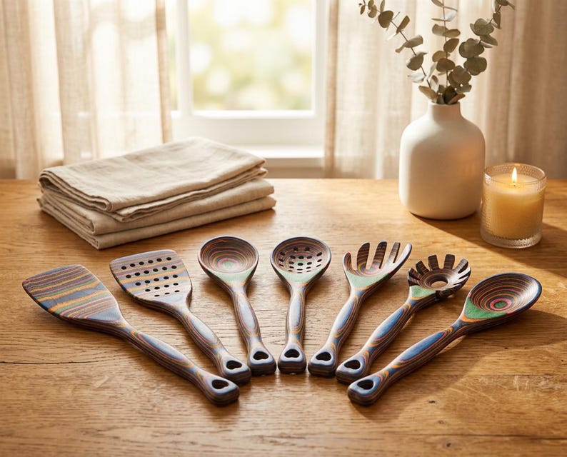 Puede incluir: Un conjunto de siete utensilios de cocina de madera con patrones de rayas coloridas. El juego incluye una esp&aacute;tula, una cuchara ranurada, una cuchara s&oacute;lida y un tenedor para servir. Los utensilios est&aacute;n dispuestos sobre una mesa de madera, junto a una pila de servilletas de lino beige, un jarr&oacute;n y una vela encendida.