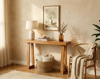 Solid Wood Console Table: 36 Inch Narrow Entryway Sofa Table, Pecan Finish