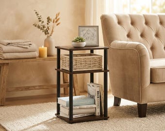 Columbia Walnut 3 Tier End Table Compact Nightstand for Small Spaces