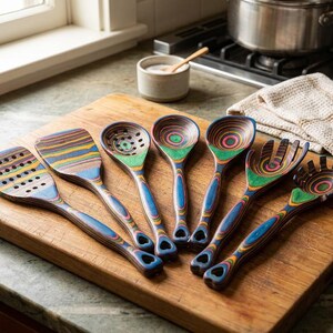 Puede incluir: Un conjunto de siete utensilios de cocina de madera coloridos, que incluyen una esp&aacute;tula, una cuchara ranurada y cucharas para servir, dispuestos sobre una tabla de cortar de madera. Los utensilios presentan una vibrante mezcla de colores.