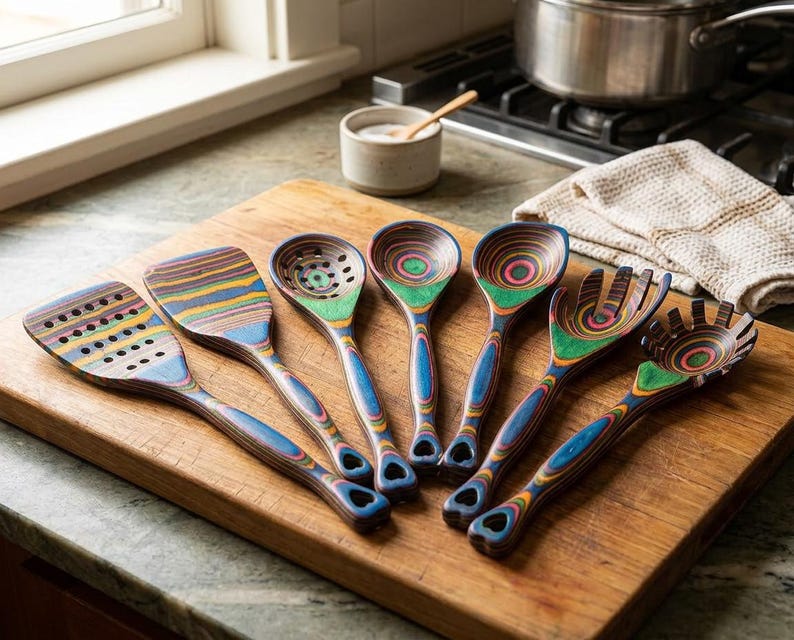 Puede incluir: Un conjunto de siete utensilios de cocina de madera coloridos, que incluyen una esp&aacute;tula, una cuchara ranurada y cucharas para servir, dispuestos sobre una tabla de cortar de madera. Los utensilios presentan una vibrante mezcla de colores.