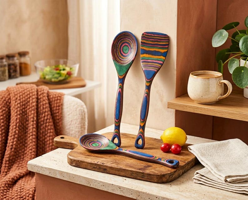 Puede incluir: Un juego de tres utensilios de cocina de madera con dise&ntilde;os coloridos de c&iacute;rculos conc&eacute;ntricos. El juego incluye una cuchara, una esp&aacute;tula y una cuchara m&aacute;s peque&ntilde;a, todos sobre una tabla de cortar de madera. Tambi&eacute;n hay un lim&oacute;n y dos tomates cherry.