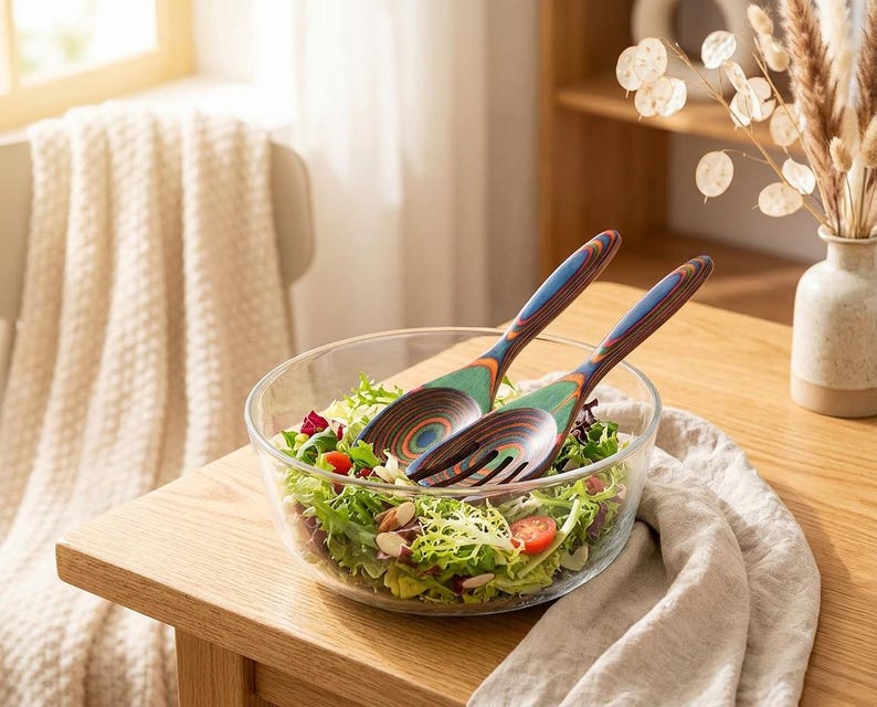 Puede incluir: Un cuenco de ensalada de vidrio transparente lleno de verduras frescas, tomates y almendras. Dos utensilios de ensalada de madera con mangos a rayas azules, verdes y marrones descansan en el cuenco. El cuenco est&aacute; sobre una mesa de madera.
