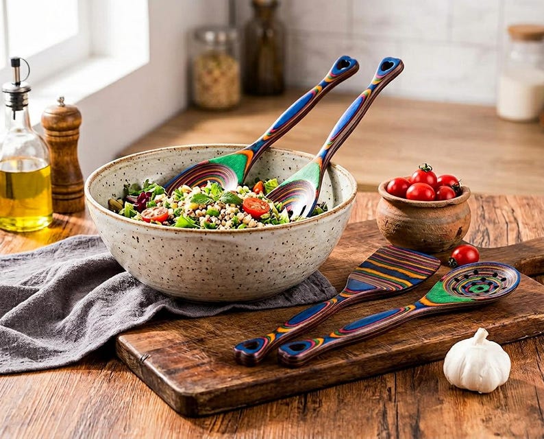 Puede incluir: Un cuenco de cer&aacute;mica moteada lleno de ensalada, acompa&ntilde;ado de coloridos utensilios y cubiertos de madera para ensalada. Los utensilios de madera tienen un dise&ntilde;o de arco&iacute;ris y est&aacute;n sobre una tabla de cortar de madera. Tambi&eacute;n hay una peque&ntilde;a olla de tomates y un diente de ajo.