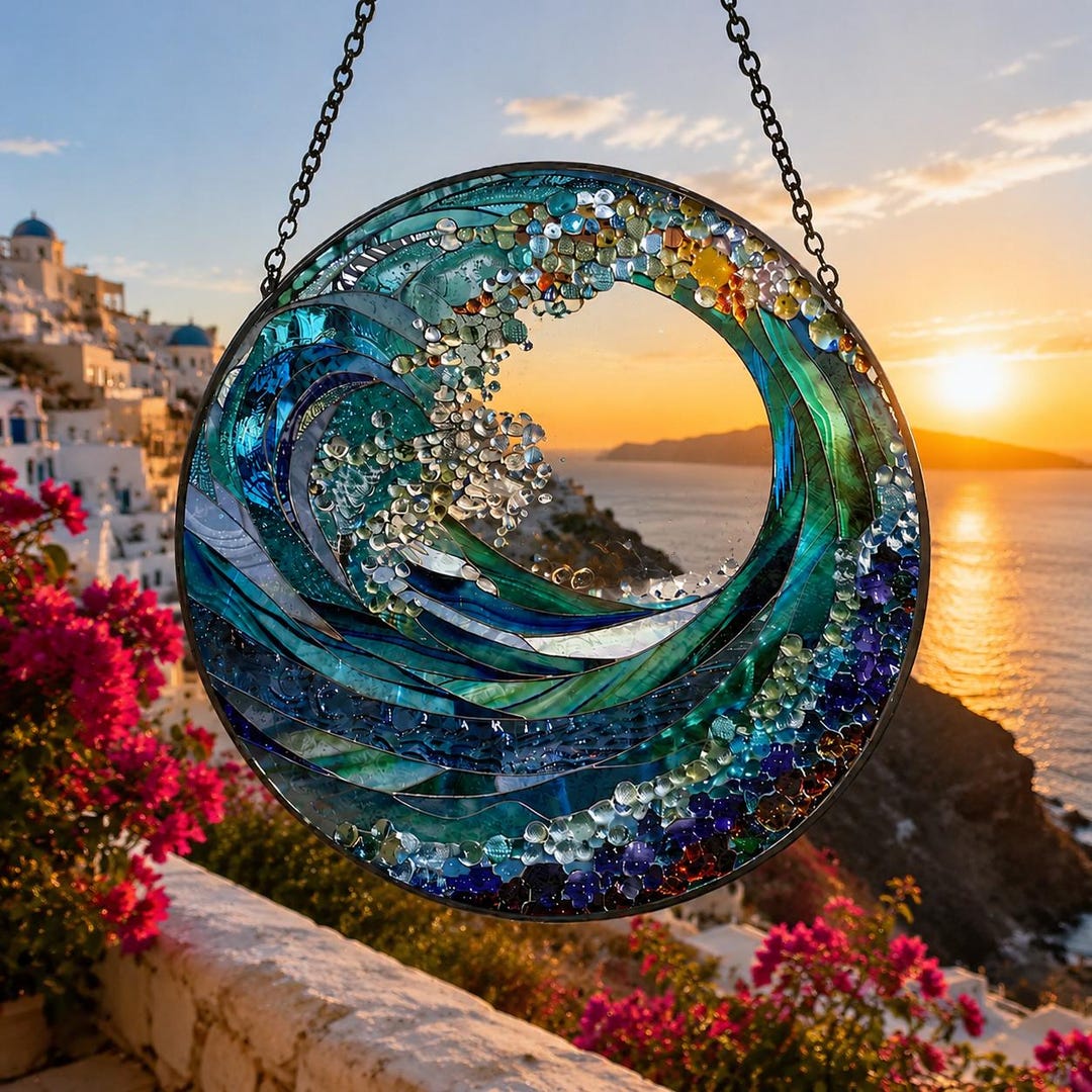 Blue Ocean Wave Stained Glass Suncatcher, Round Sea Glass Art for ...