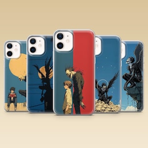 May include: Five clear smartphone cases featuring anime-style illustrations. The designs depict a dark, winged creature standing behind a person, sitting on a pile of skulls, or perched on a ledge against a yellow moon and blue sky backgrounds.