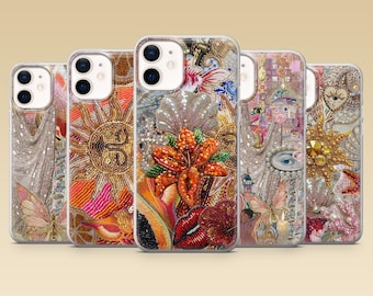 Elegante custodia per telefono con design floreale e perline per iPhone 17, 17Pro, 16e, 15, 14, 13, 12, Samsung S26, S25, A17, A57, Pixel 10Pro, 9A