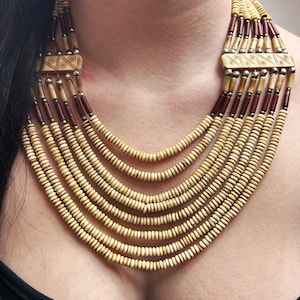 Vintage Tribal Multi Strand Bib Necklace, Carved Bone and Wood Beads, Ethnic Naga Style Statement Jewelry, Boho Layered Necklace, Neutral.