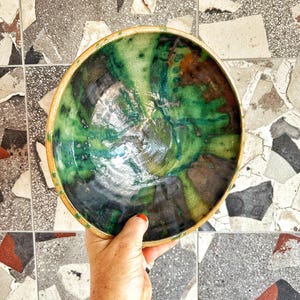 Glazed Green Earthenware Pottery Bowl. Fruit Bowl.