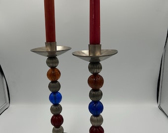Vintage whimsical silver tone with silver, red, gold, and blue beads intertwined candlestick holders