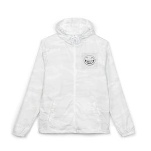 May include: White camouflage-patterned jacket with a hood and a full-length zipper. A small square patch on the chest features a smiling face design with the word "SHOP" in a circular frame. The jacket is lightweight and appears to be made of a water-resistant material.