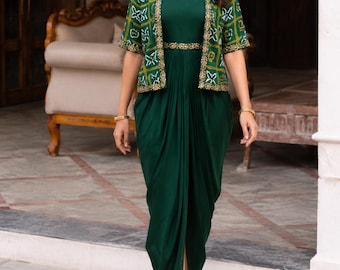 Ayesha grüne Bandhani Jacke mit Dhoti Kleid indische Hochzeit Outfit Dhoti Hose Set Indo Western Dhoti Set indische festliche Brautjungfer Hochzeitskleidung USA
