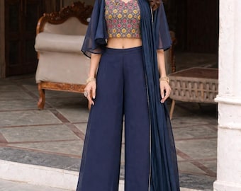 Nitisha blau Stickerei Festliche Coord Indo Western Fusion Outfit Crop Top mit Palazzo Kleid Indische festliche Kleidung Crop Top Sharara Set USA
