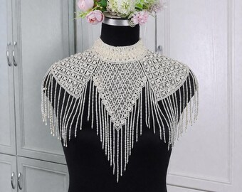 Zubina Perlen Fransen Umhang Schal Perlen verziert Abend Wrap Antike weiße Perlen Braut Cape Hochzeit Abend Cover-Up Shrug USA