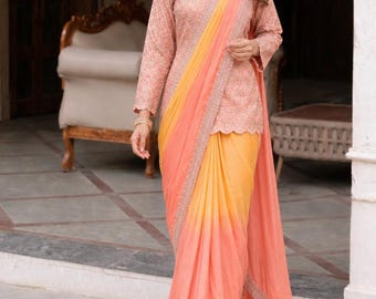 Nitisha pink yellow Ready to Wear Party Saree long Jacket Saree IndoWestern Chinon Saree with Fully Stitched Koti bollywood fancy saree USA