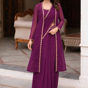 Inaaya purple one min saree with Blouse and Long Jacket Shrug indian wedding indo western saree Party Wear Saree Ready to wear drape saree