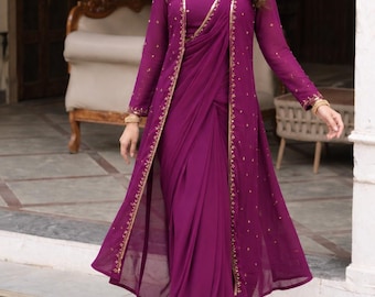 Inaaya lila one min Saree mit Bluse und langer Jacke Shrug indische Hochzeit Indo Western Saree Party Wear Saree Bereit zu drapieren Saree zu tragen
