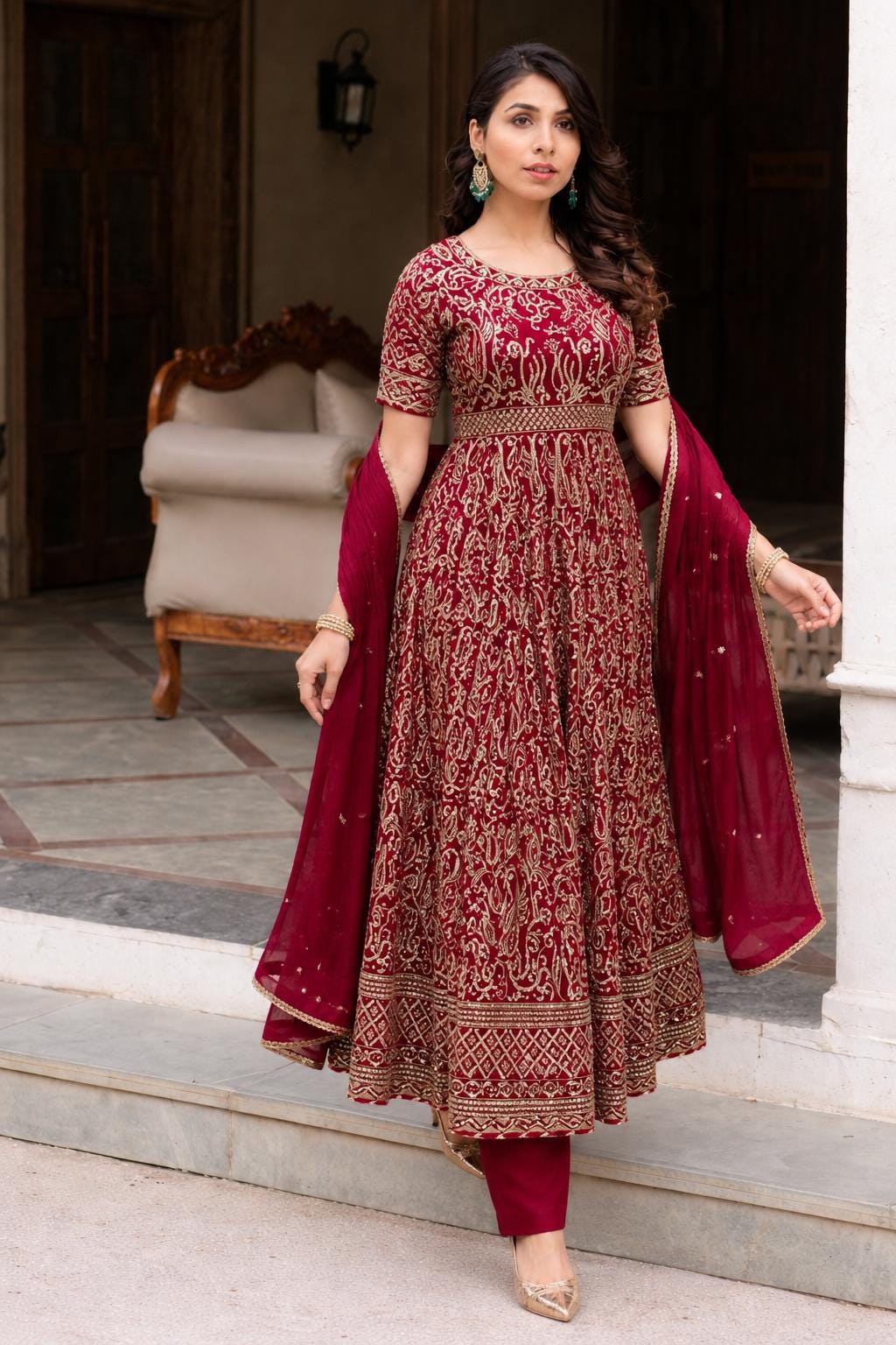open lace back dress Red Colour Faux Georgette Stitched Gown – vastradi.com main image 0