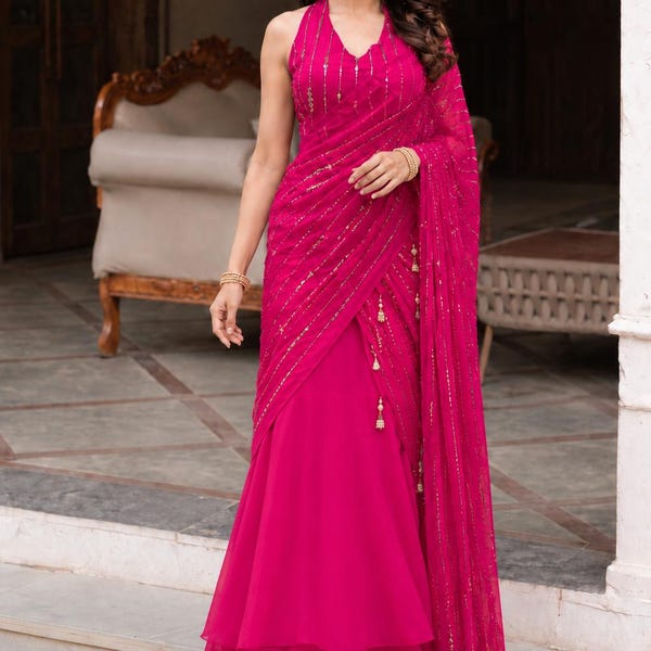 Nitisha pink readymade fishcut ready to wear lehenga one min pre pleated indian lehenga saree mermaid saree with blouse indian fusion wear